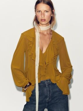 NWT Zara Olive-Mustard Ruffle V-Neck Blouse